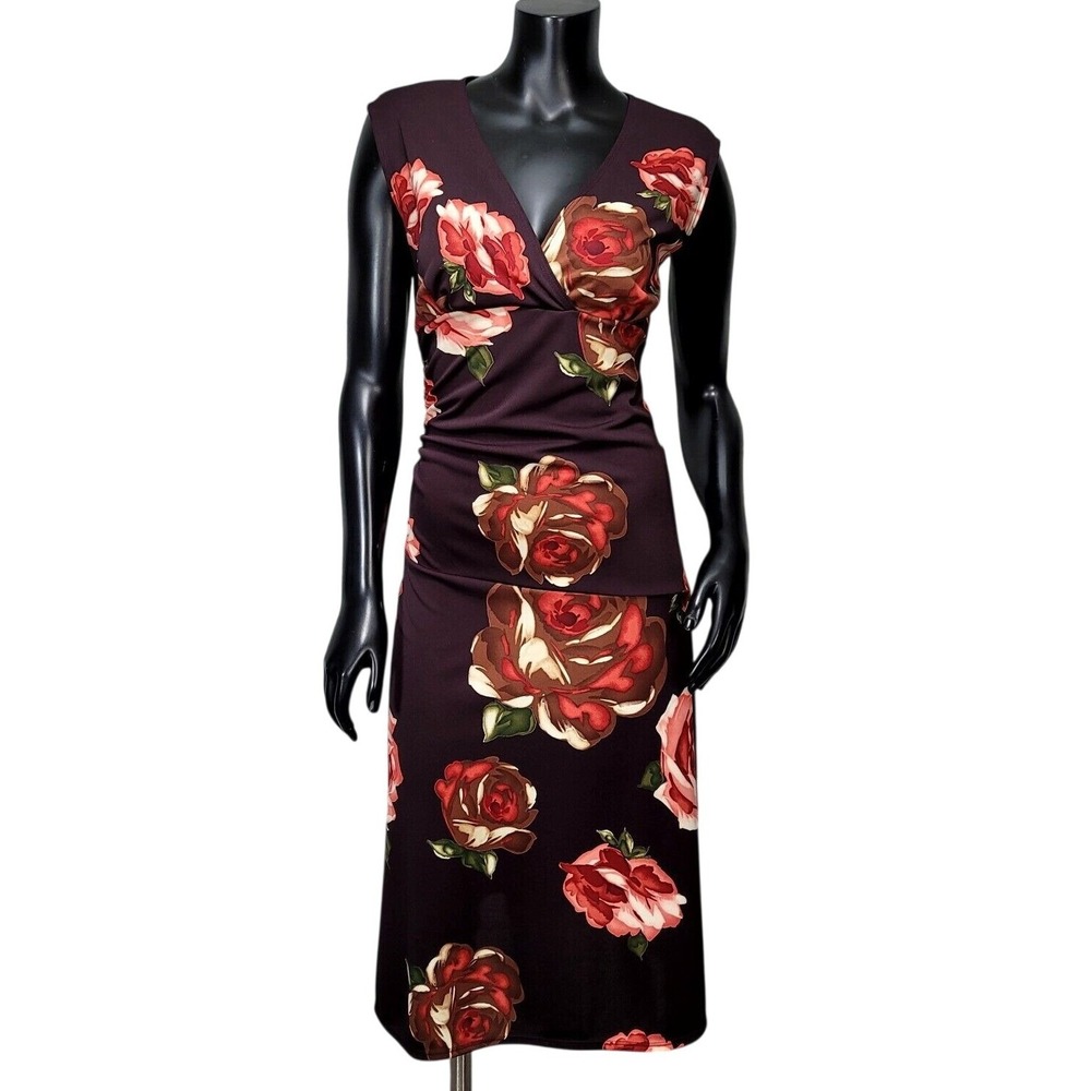 Vintage Y2K No Appt Necessary Womens Plum Rose Floral VNeck Ruched Midi Dress M